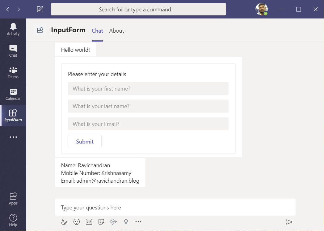 Simple Input Form in the Microsoft Teams Bot