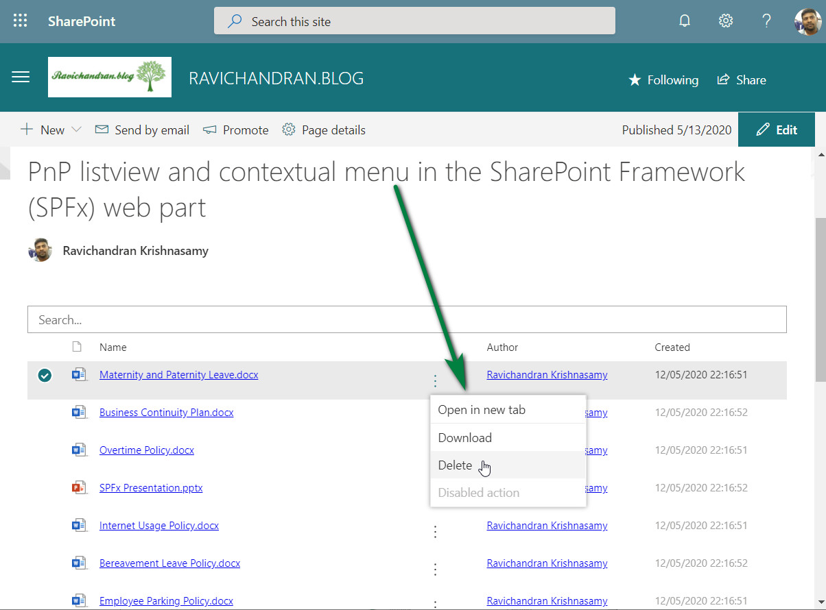 PnP Listview and contextual menu in the SharePoint Framework (SPFx) web part