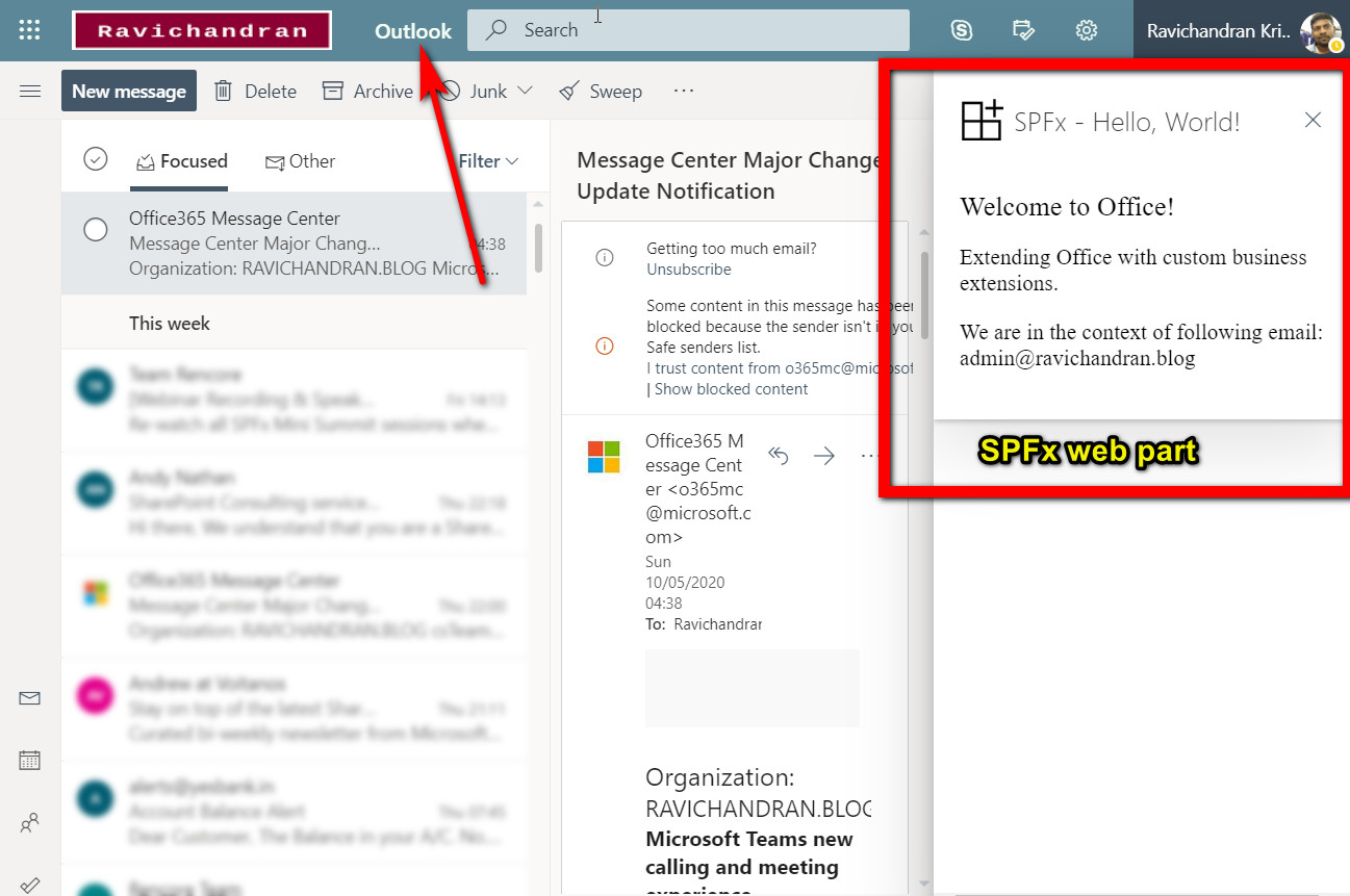Hello World web part in Outlook using SPFx