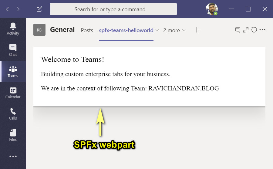 Hello World web part in Microsoft Teams using SPFx