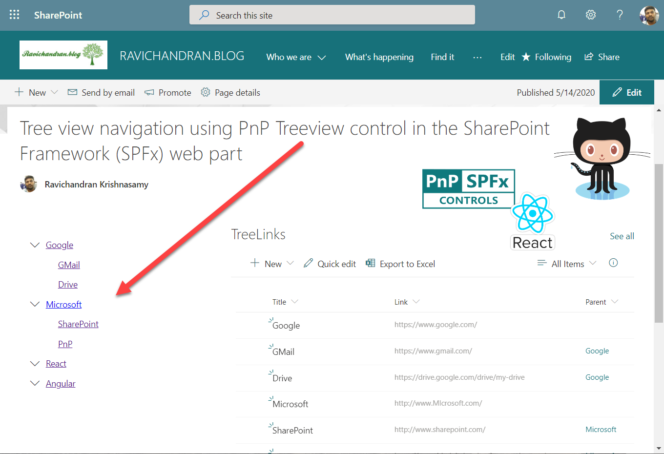 Tree view navigation using PnP Treeview control in the SharePoint Framework (SPFx) web part