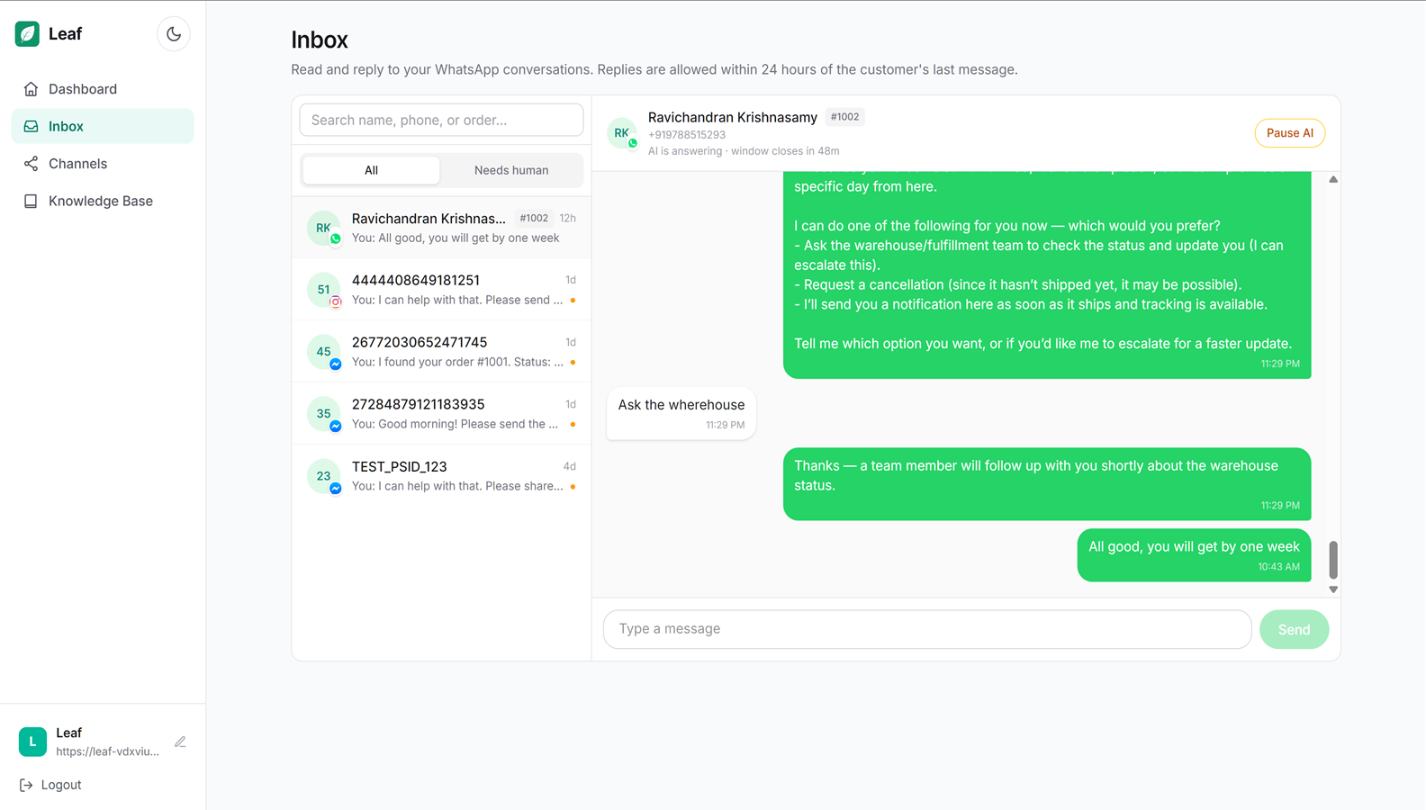 Leaf inbox with a live WhatsApp conversation thread the AI is answering, and a pause control