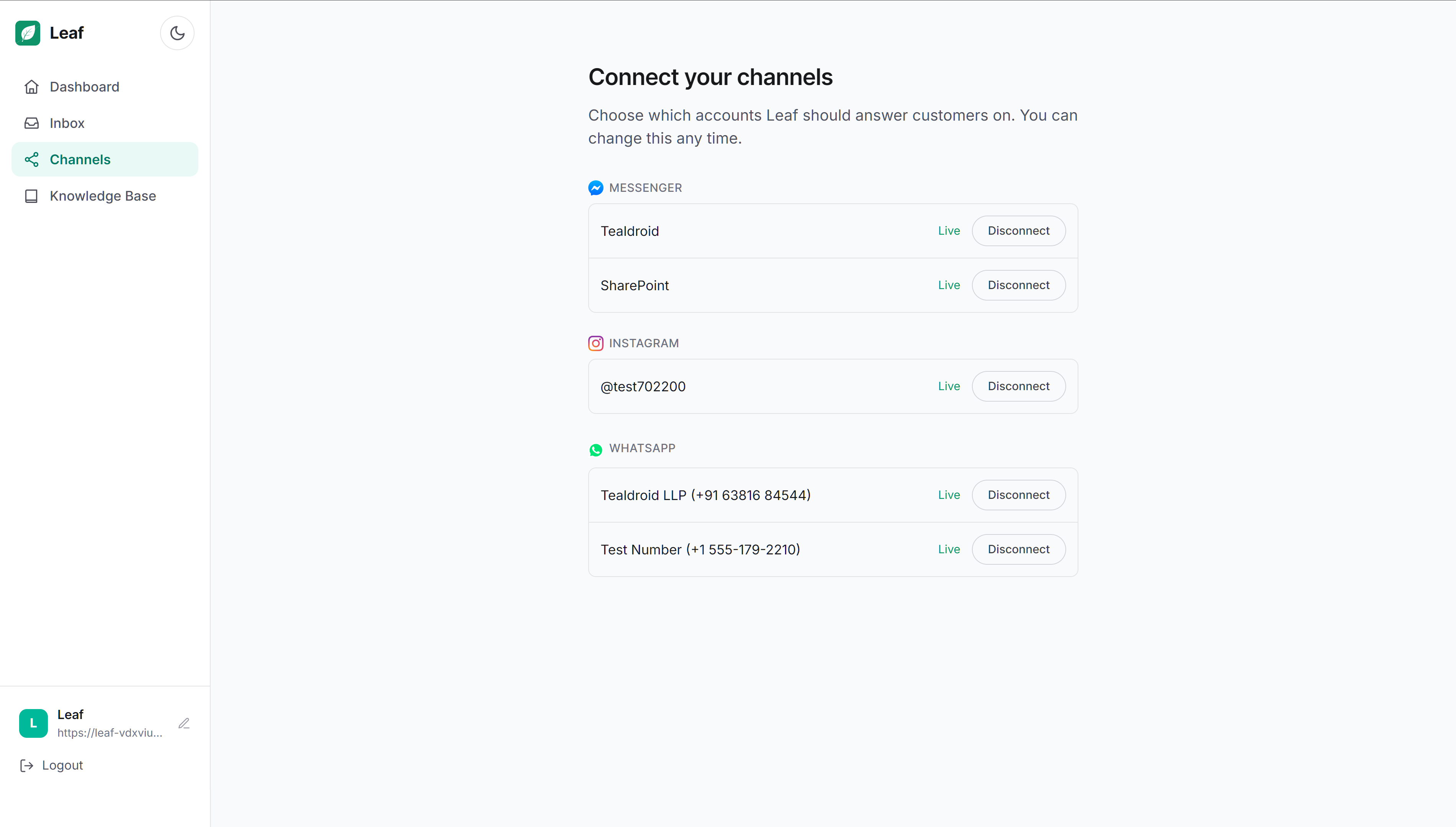 Leaf channel setup listing connected Messenger, Instagram and WhatsApp accounts
