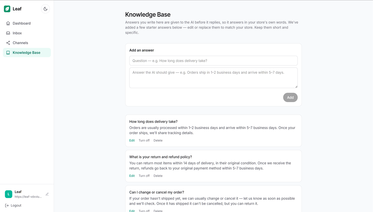 Leaf knowledge base screen for adding question and answer pairs the AI replies with