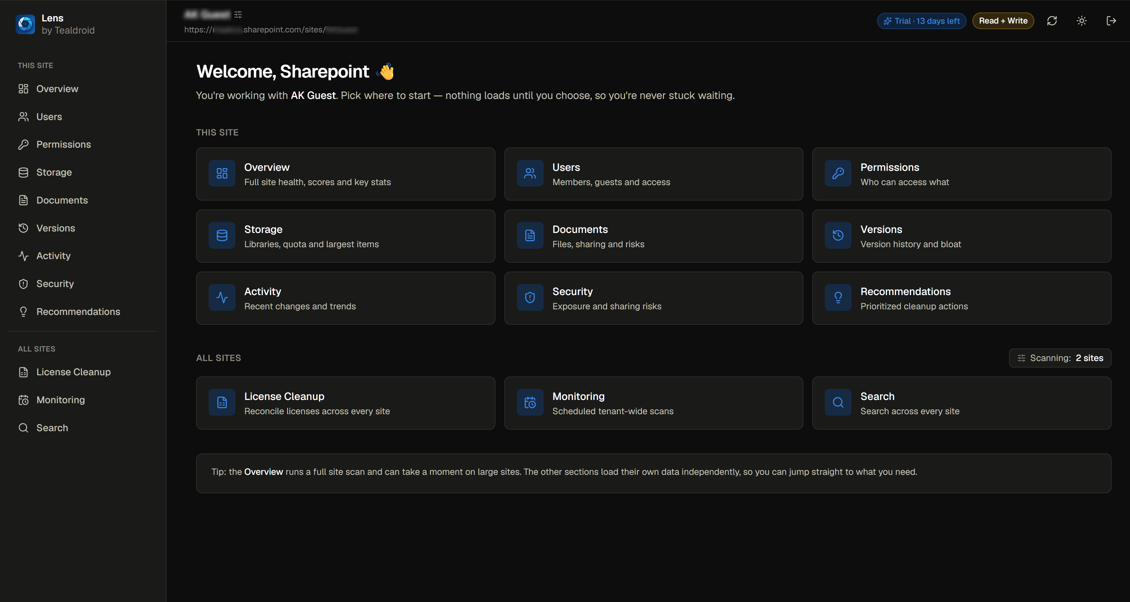 Lens navigation showing the available views for a site and across all sites