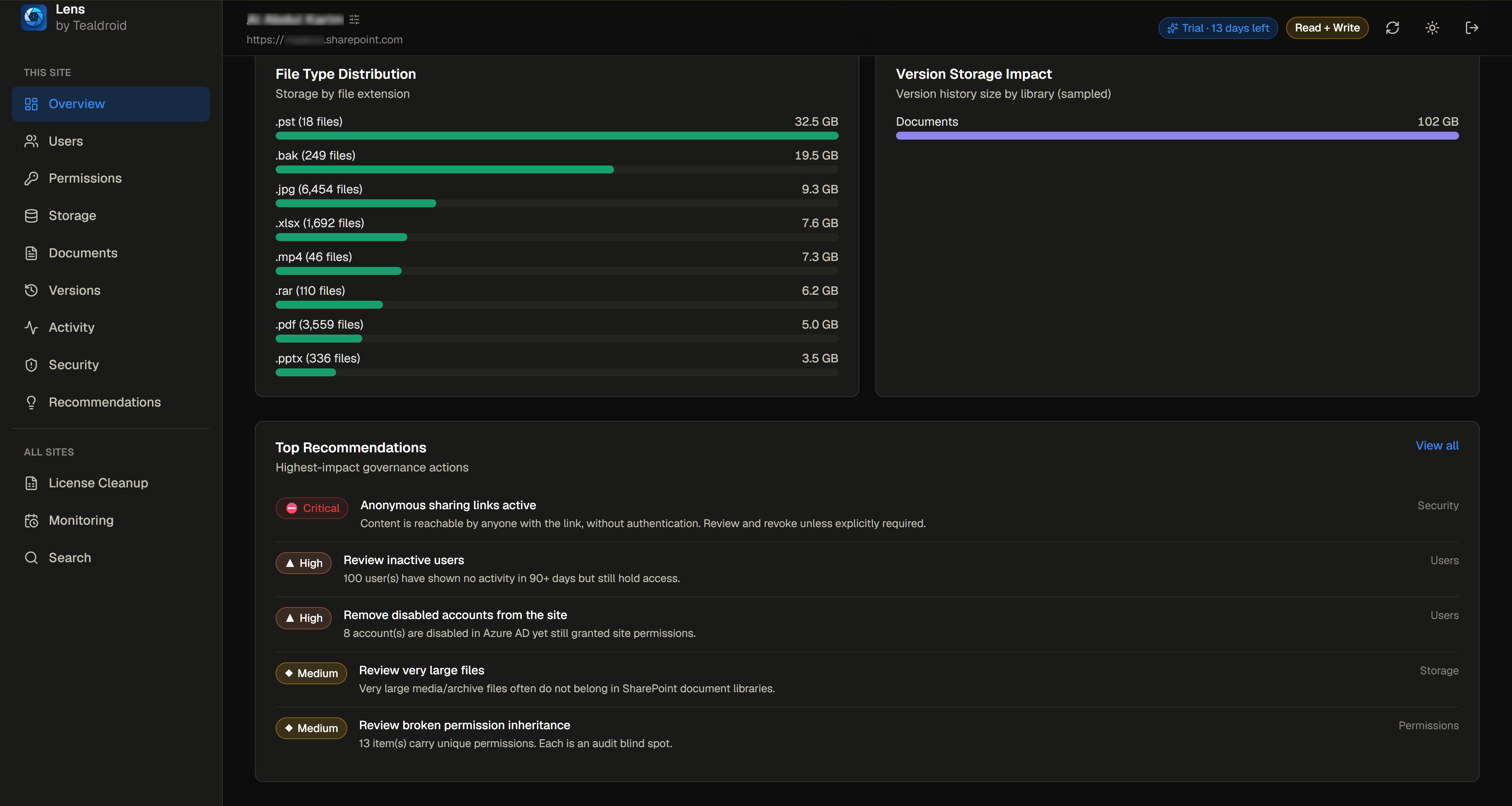 Lens storage breakdown by file type and version history, with ranked governance recommendations