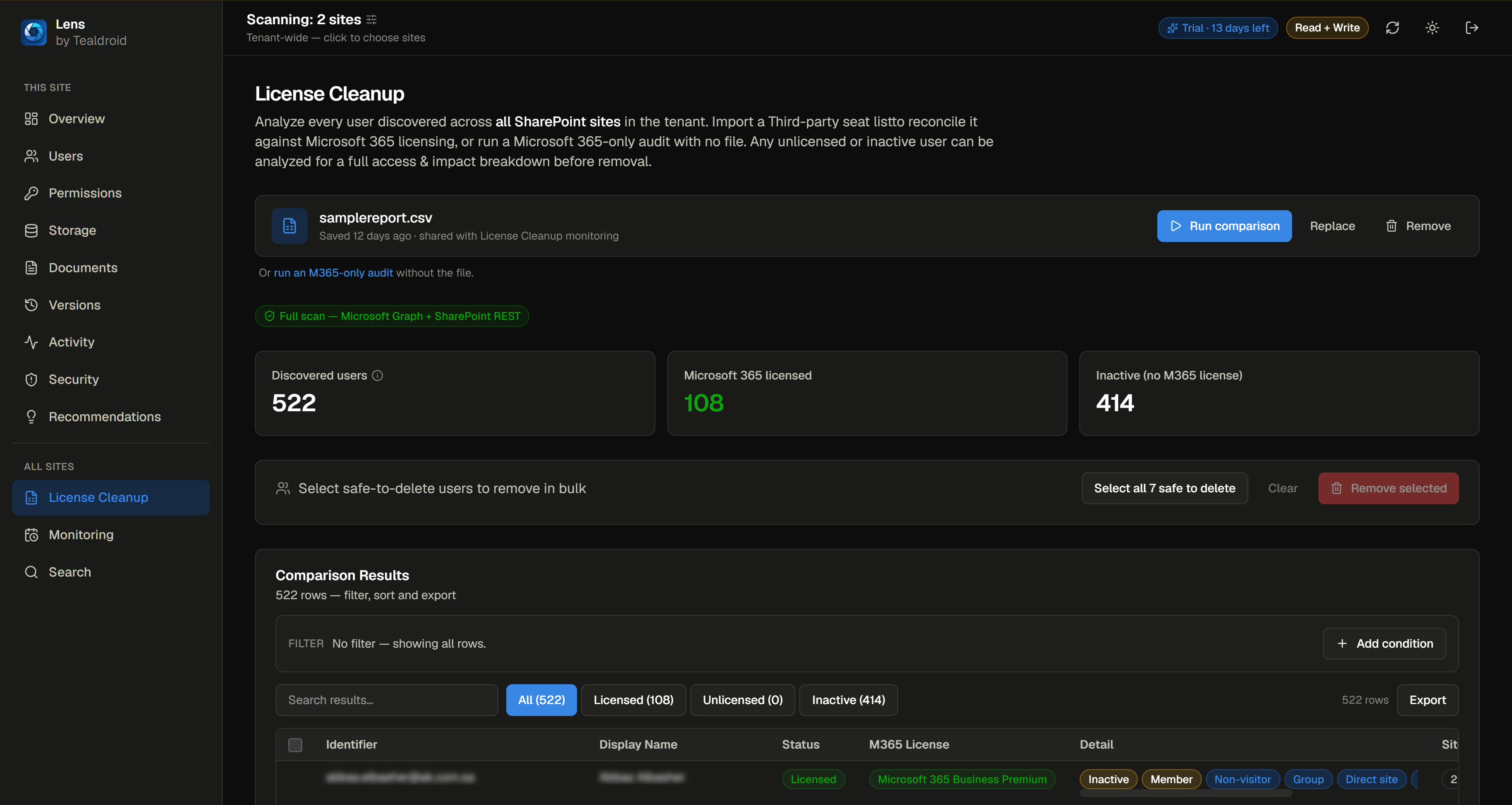 Lens license cleanup screen reconciling discovered users against Microsoft 365 licensing
