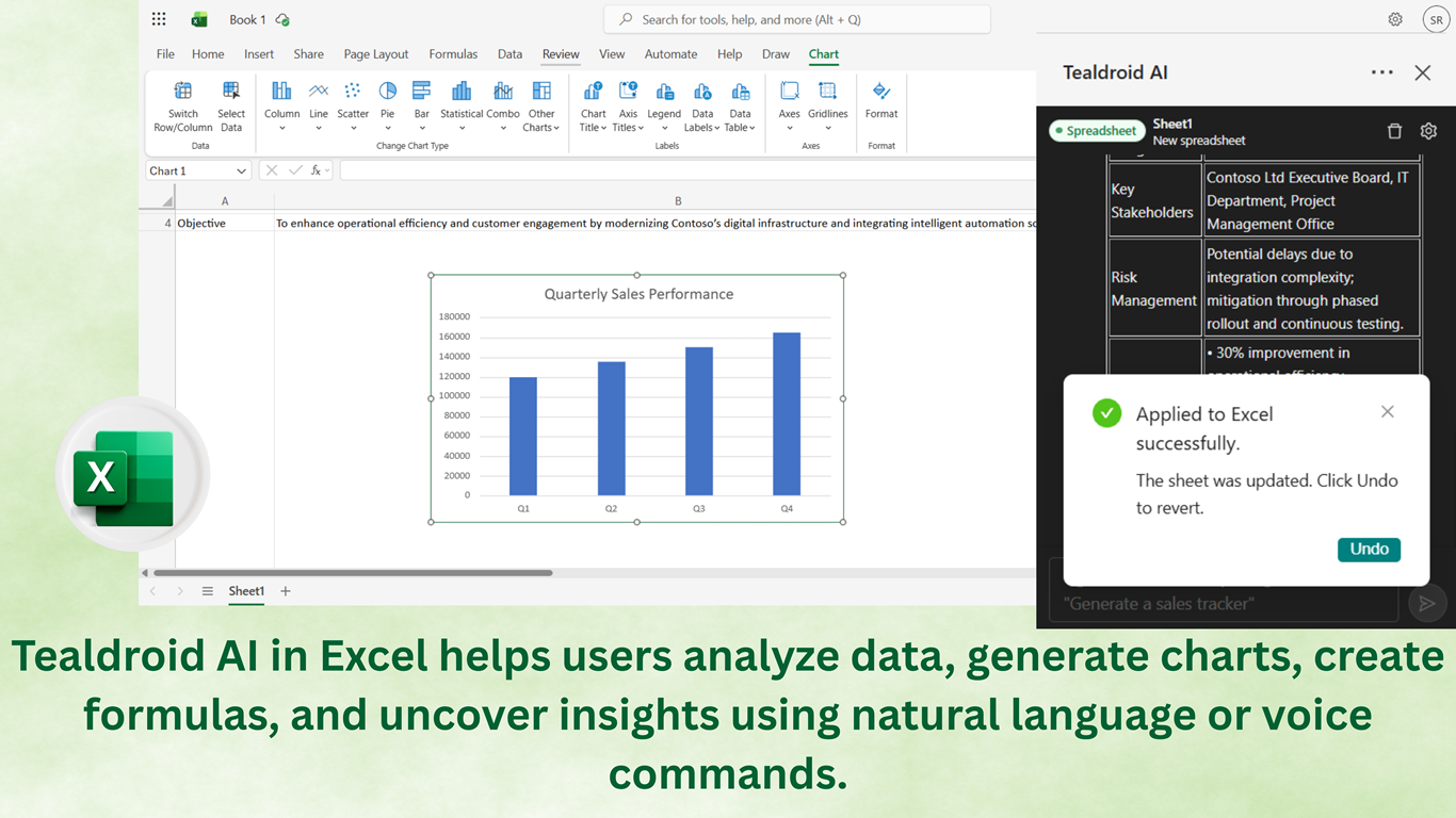Tealdroid AI in Excel, generating a quarterly sales chart and writing results back to the sheet