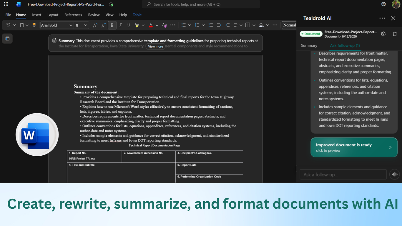 Tealdroid AI in Word, summarising a technical report document and offering an improved version
