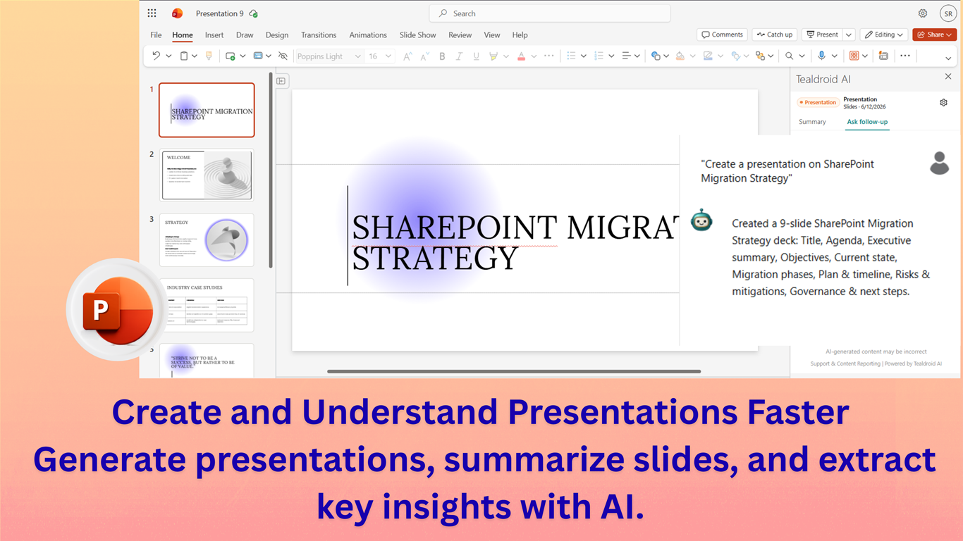 Tealdroid AI in PowerPoint, generating a multi-slide deck from a single prompt